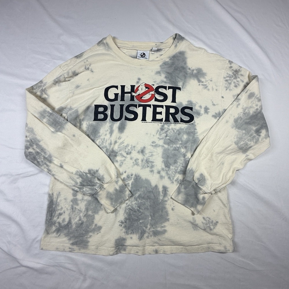 Ghostbusters Cream/Gray Tie Dye Logo Long Sleeve Graphic Tee Small Halloween
